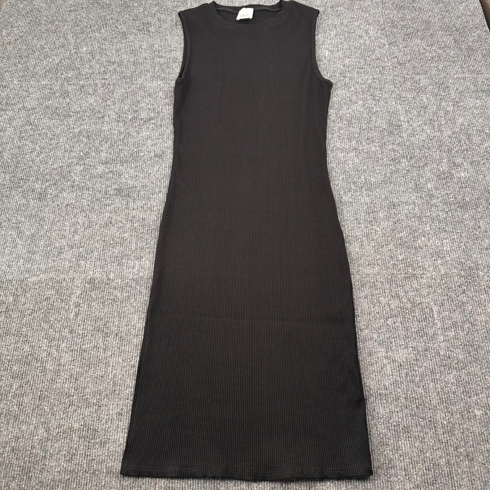 Elloh Ribbed Midi Dress M Sleeveless Side Slit Black Modern Casual Made in USA